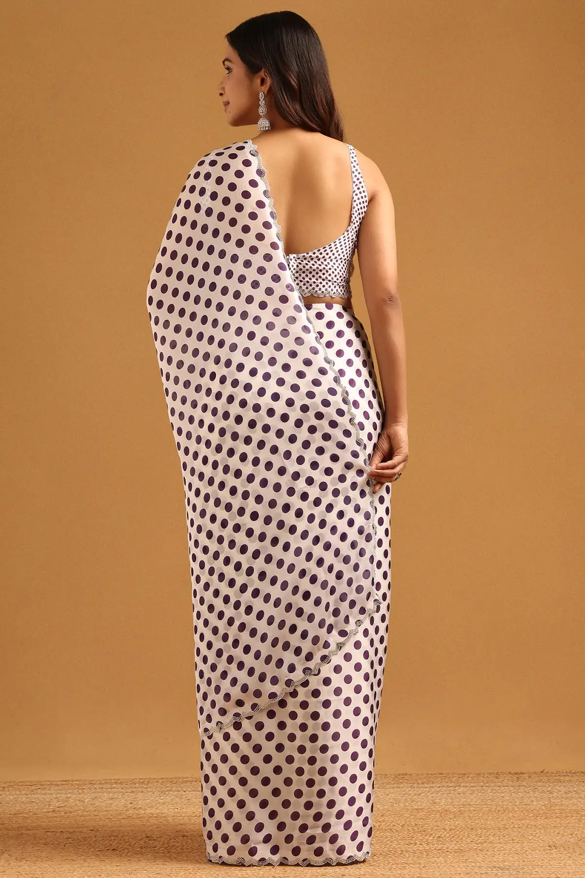 Purple Satin Polka Dots Stone Embellished Saree